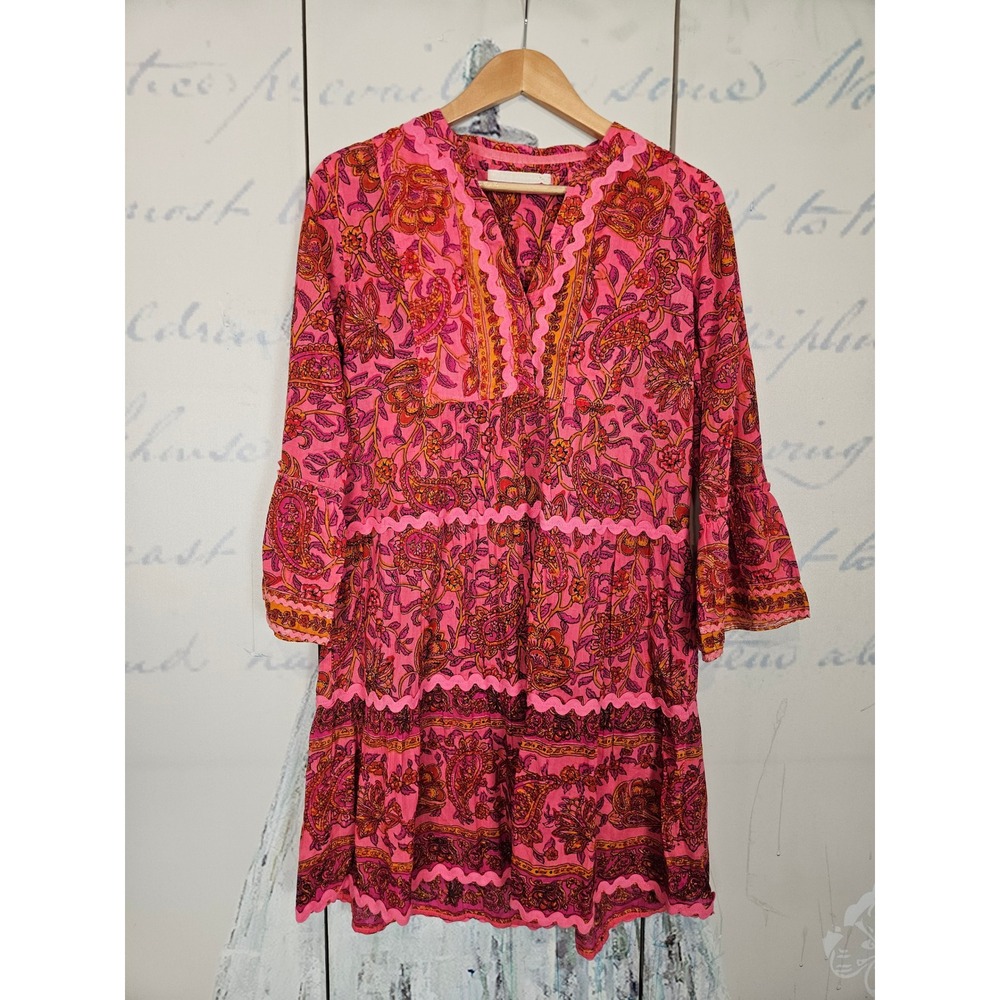 Lola Australia Tunic Dress Small Pink Paisley Tiered Ric Rac Bell Sleeve Boho